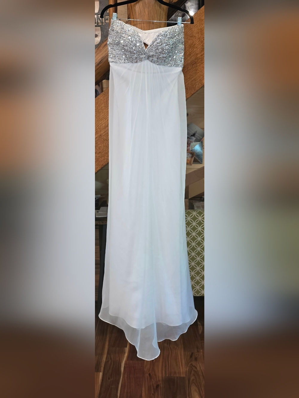 Strapless White Evening Gown with Silver Sequin Bodice